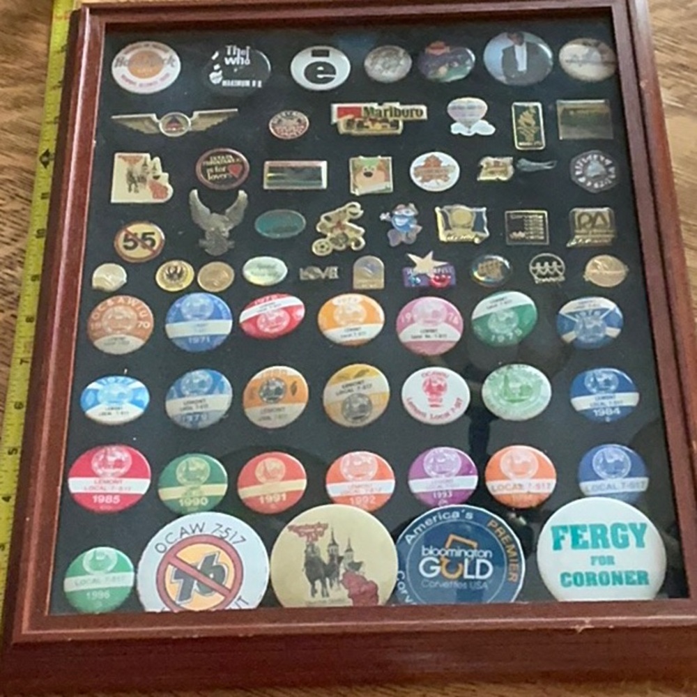 Vintage Pin Collection in Wooden Frame